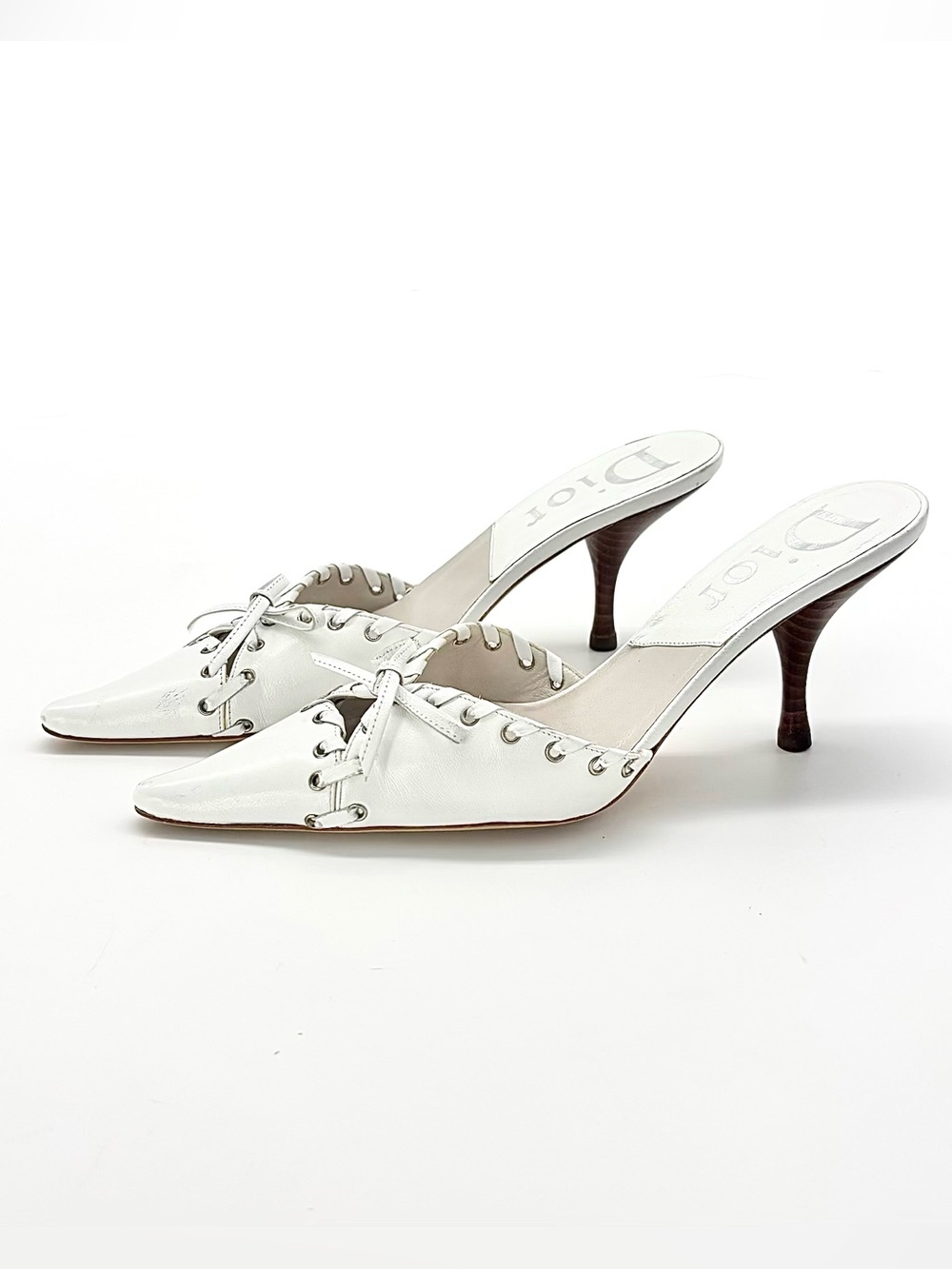 Dior Vintage John Galliano Bow Grommet Embellished Pointed Toe Mules Pumps 37